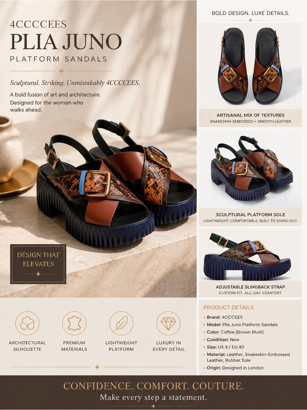 4CCCCEES Plia Juno Platform Sandals — Coffee Brown Multi size 40/9